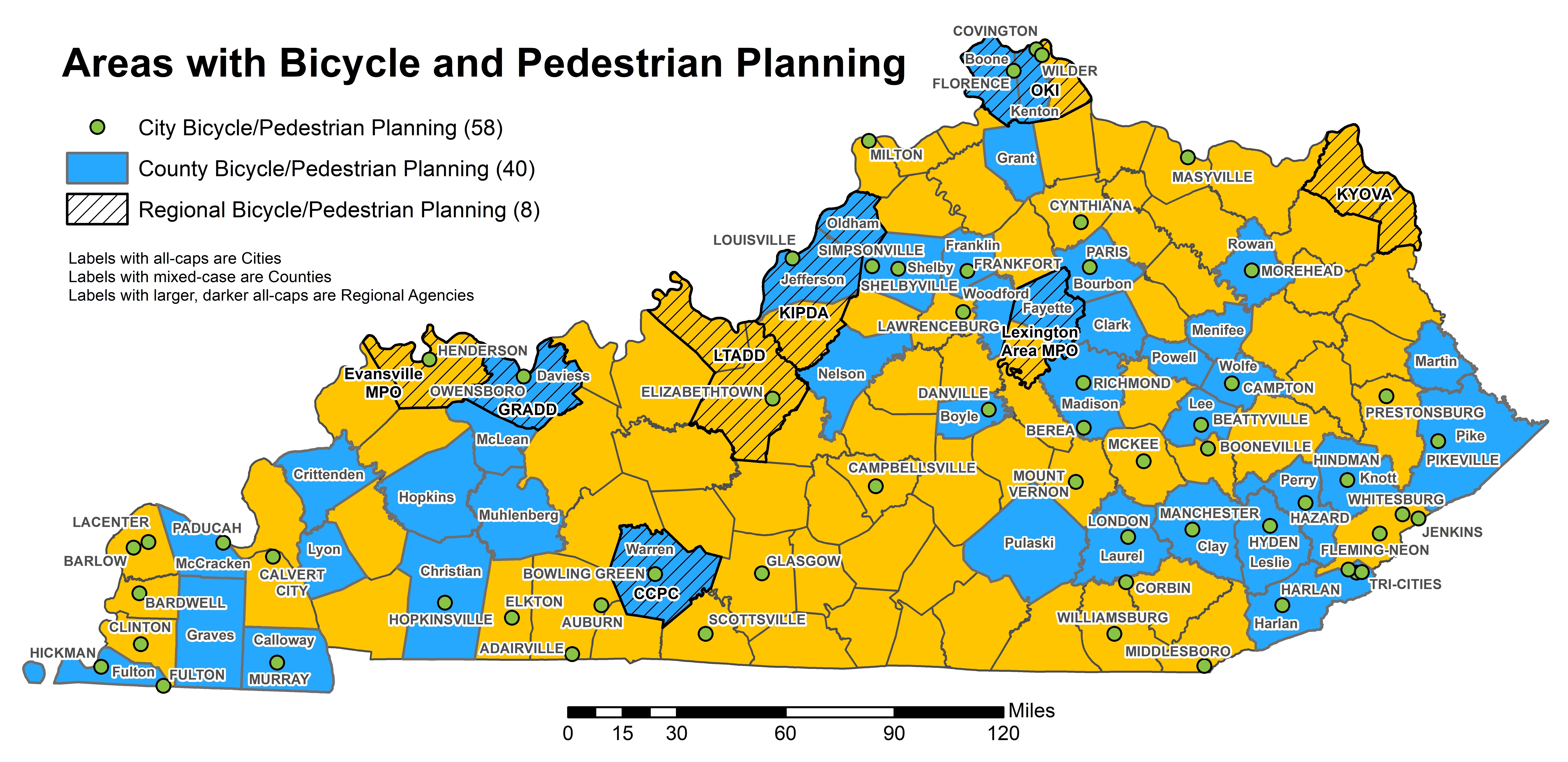 Statewide map of Kentucky depicting locations of communities and regions that have bicycle and pedestrian planning agencies