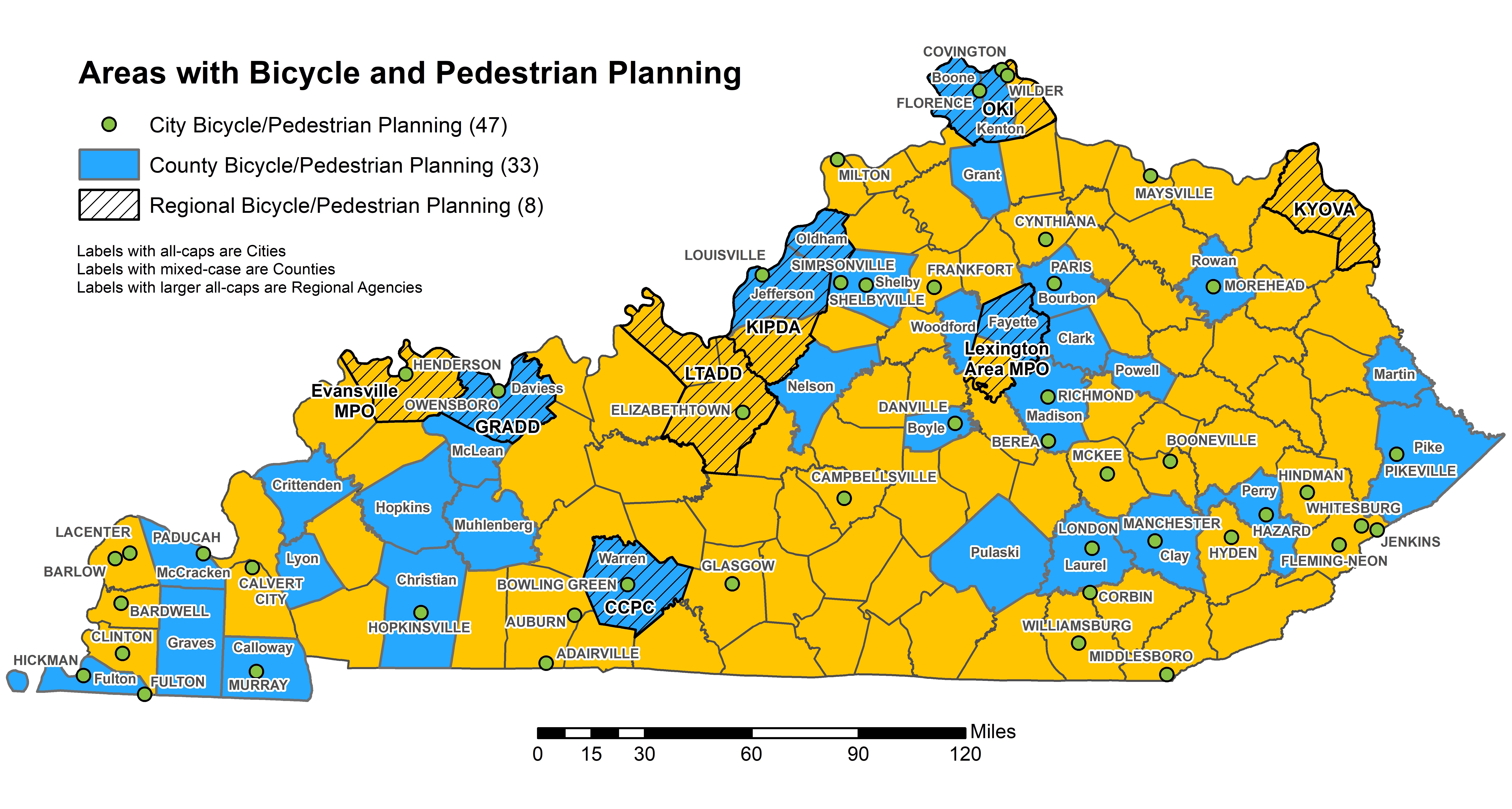Statewide map of Kentucky depicting locations of communities and regions that have bicycle and pedestrian planning agencies