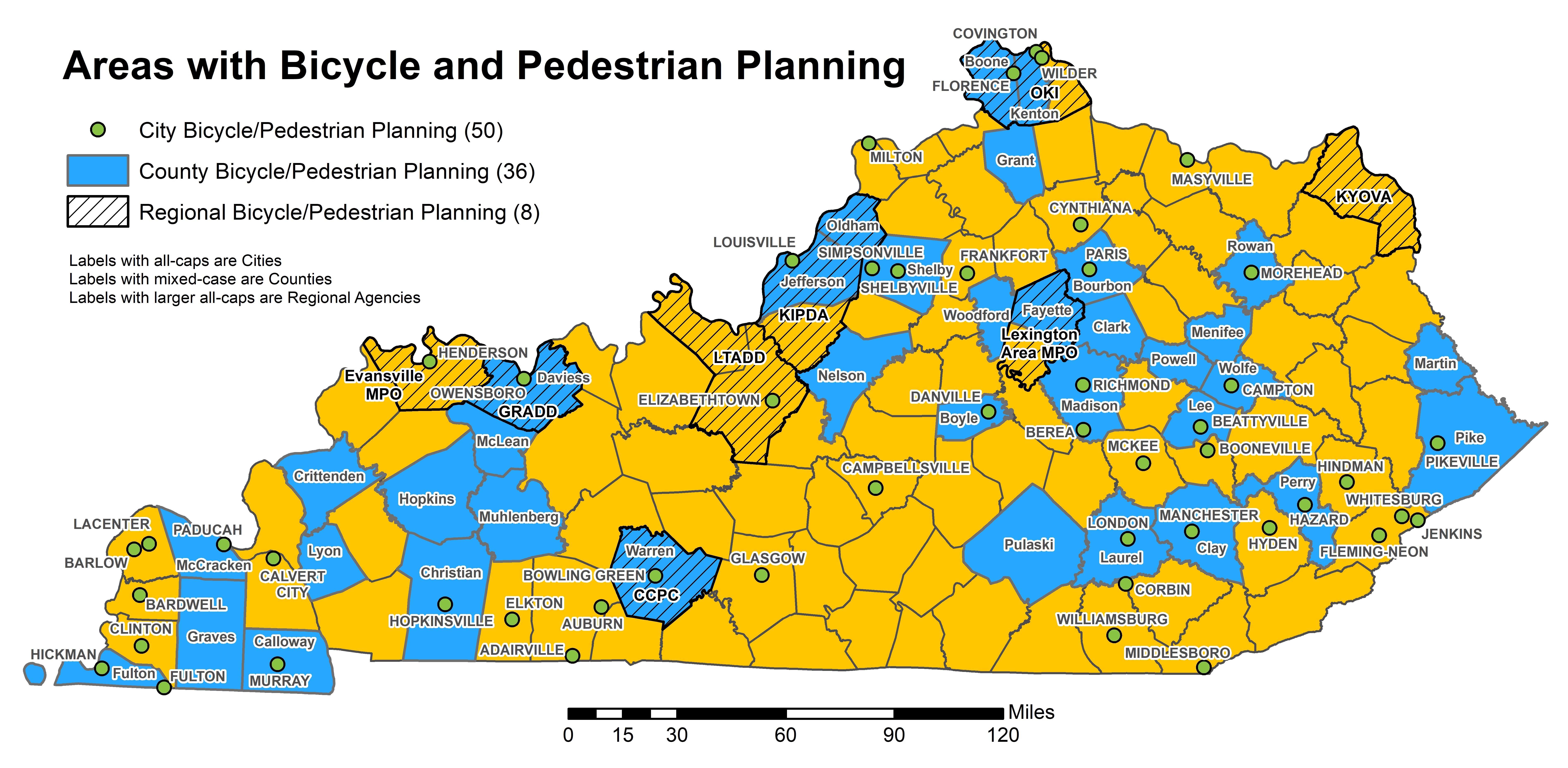 Statewide map of Kentucky depicting locations of communities and regions that have bicycle and pedestrian planning agencies