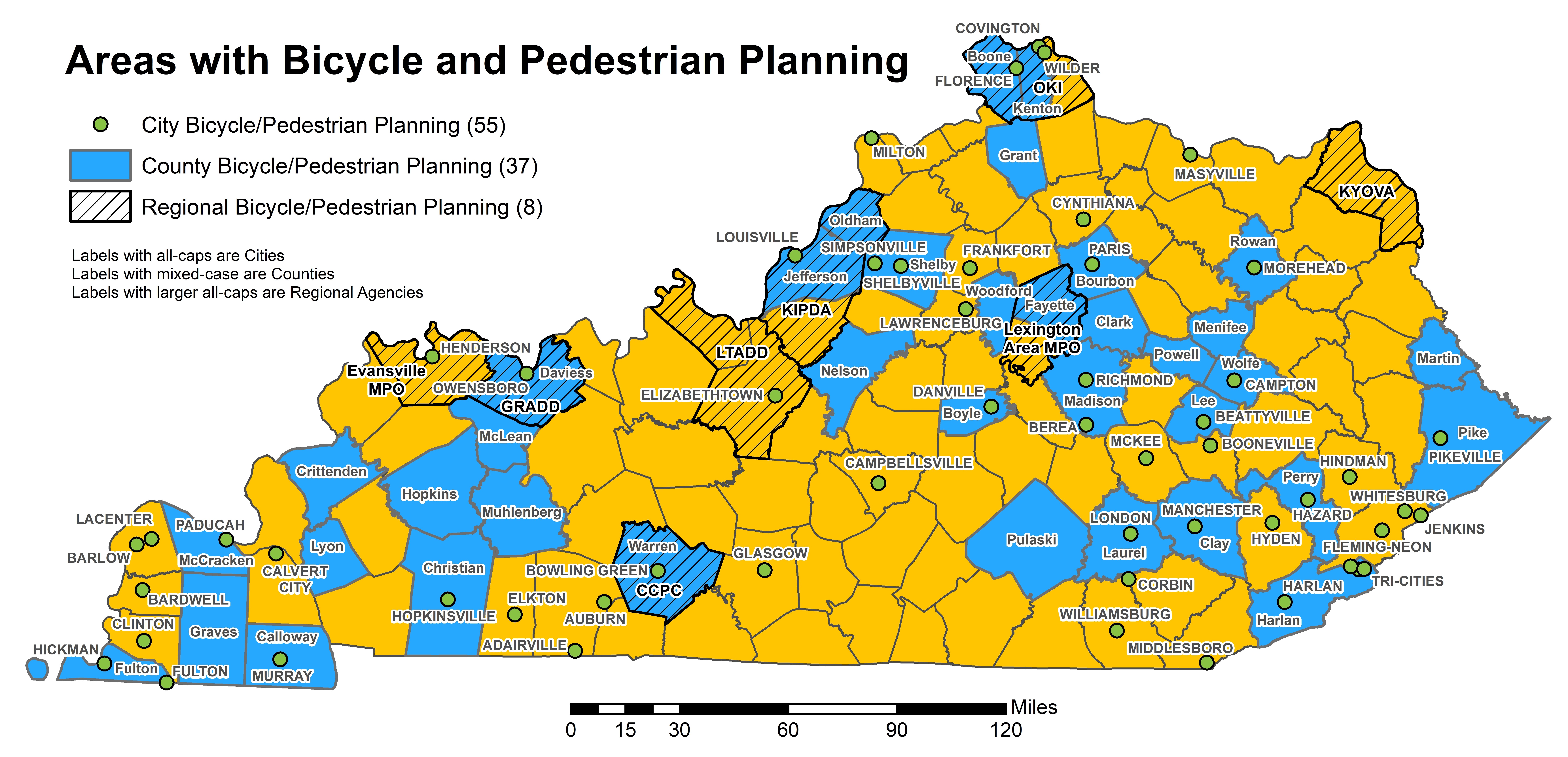 Statewide map of Kentucky depicting locations of communities and regions that have bicycle and pedestrian planning agencies