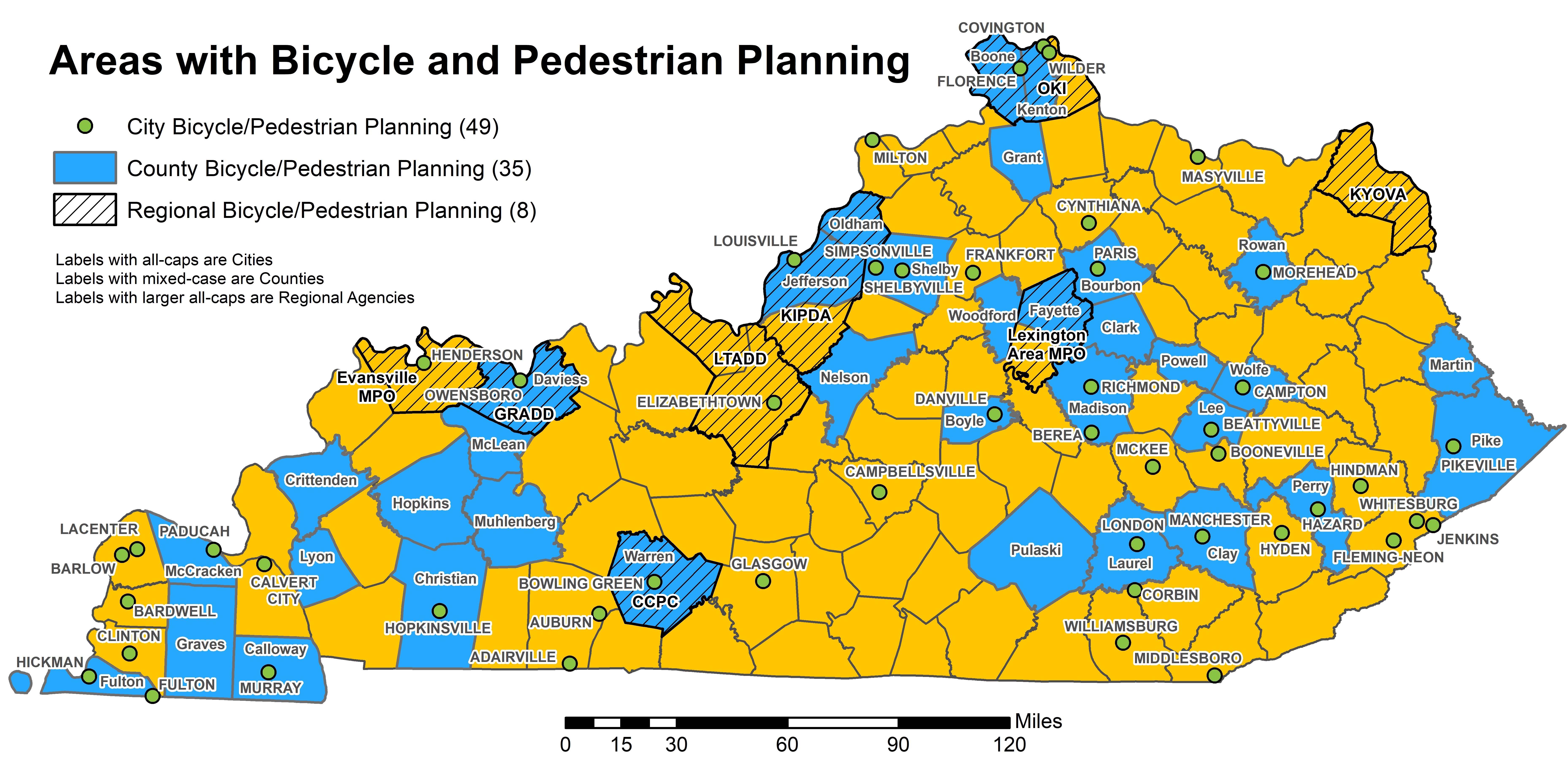 Statewide map of Kentucky depicting locations of communities and regions that have bicycle and pedestrian planning agencies