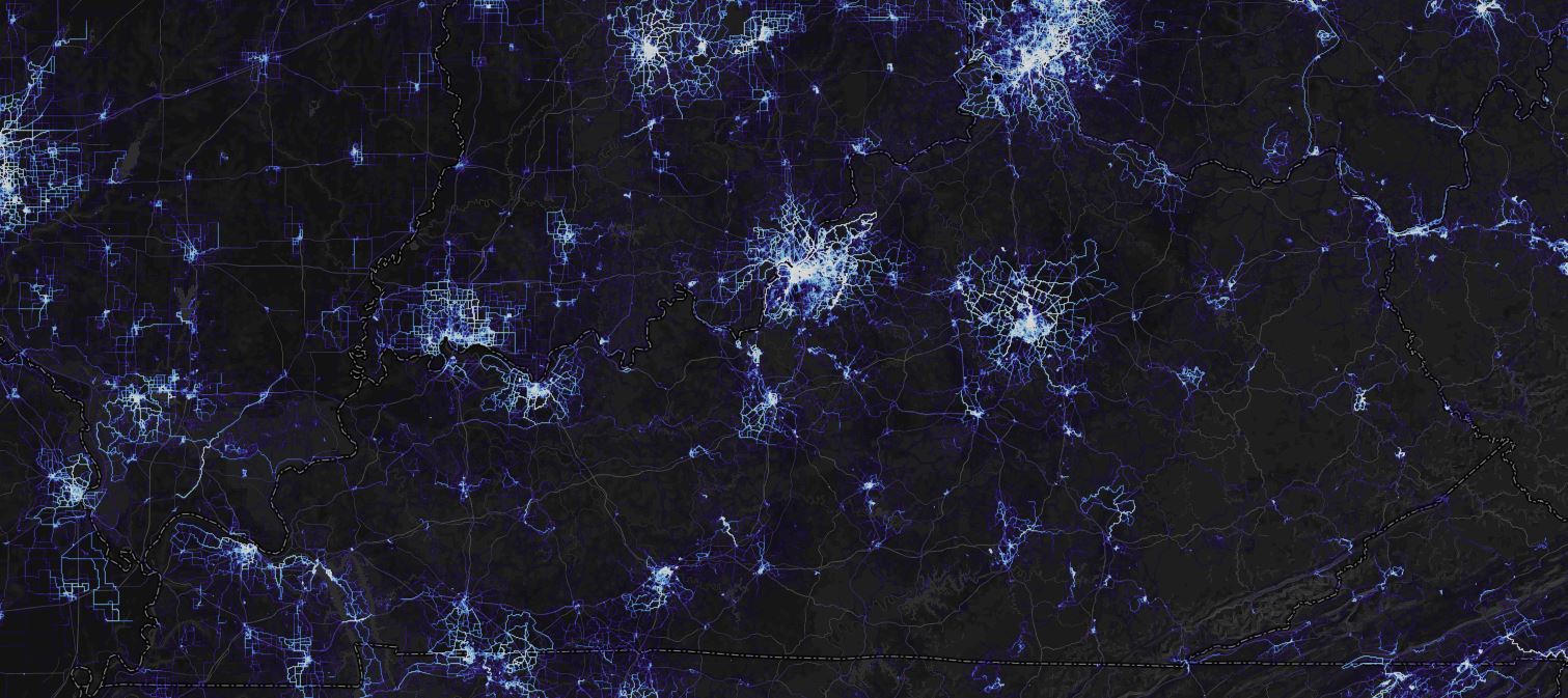 Strava Heat Map of Kentucky depicting areas of the state with higher concentrations of bicycle and pedestrian travel