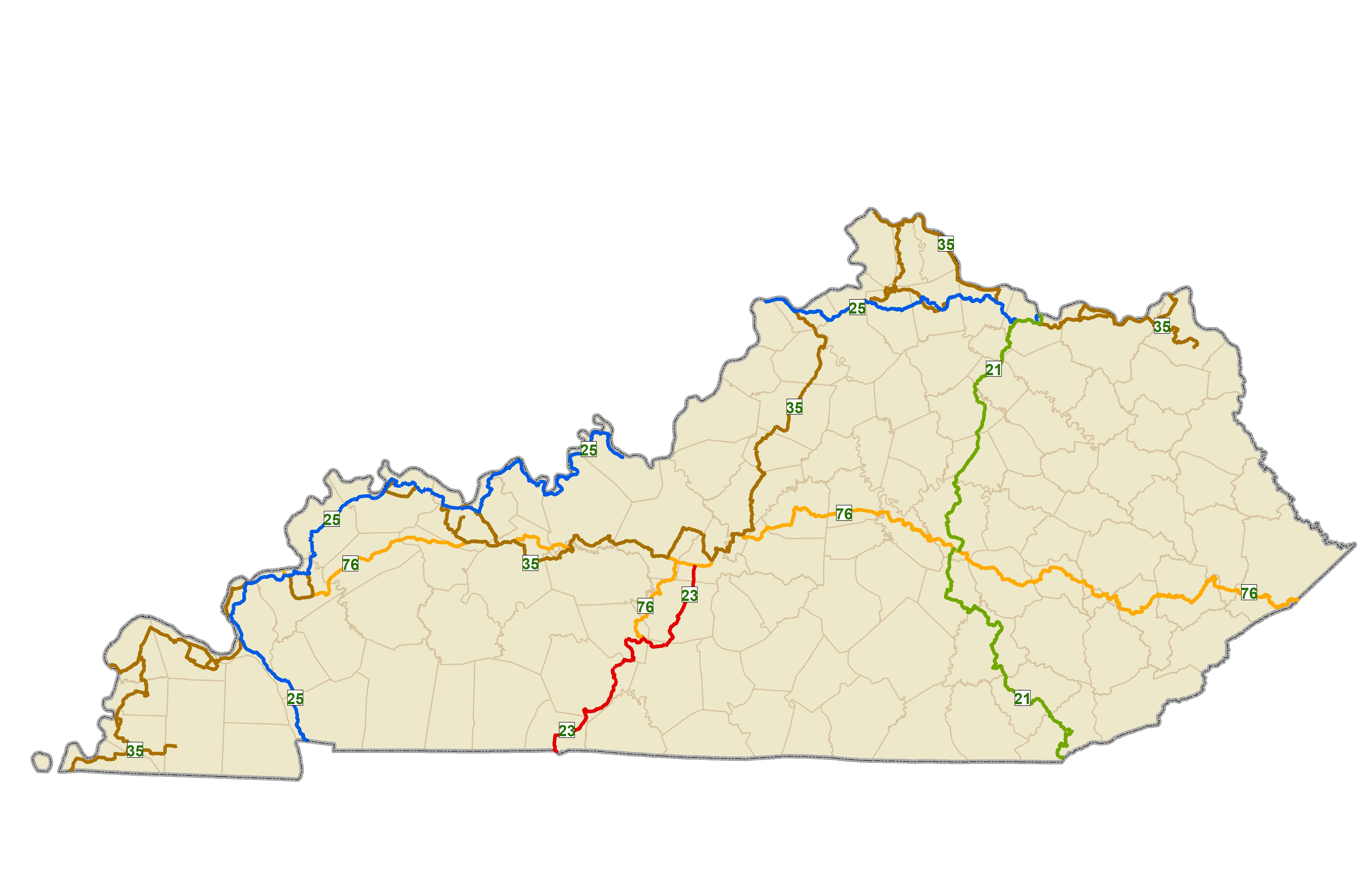 Statewide map of Kentucky showing each United States Bicycle Route's alignment
