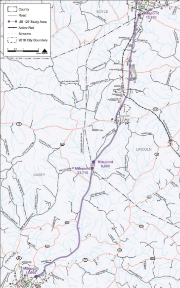 US 127 Study North Casey and Lincoln County Project Map.png