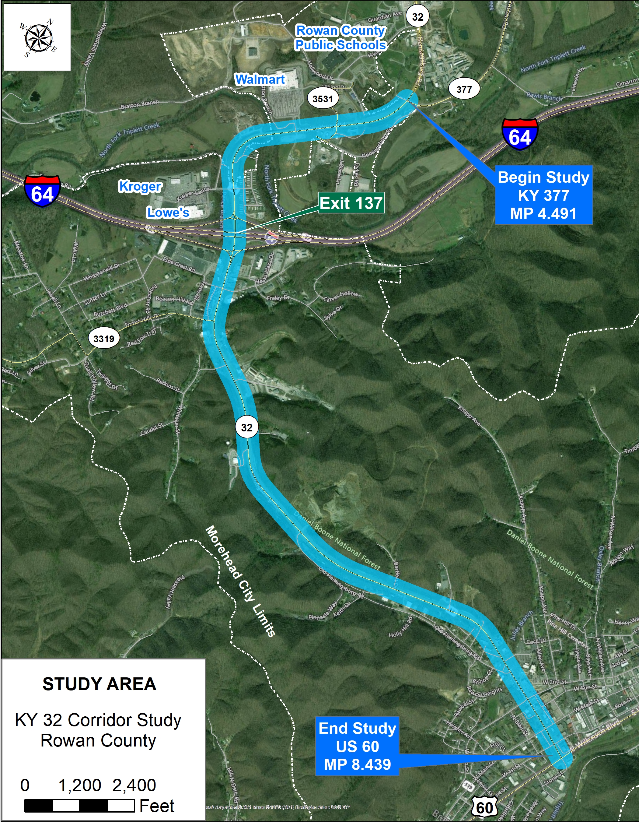 Map of KY 32 study area from KY 377 to US 60 at downtown Morehead