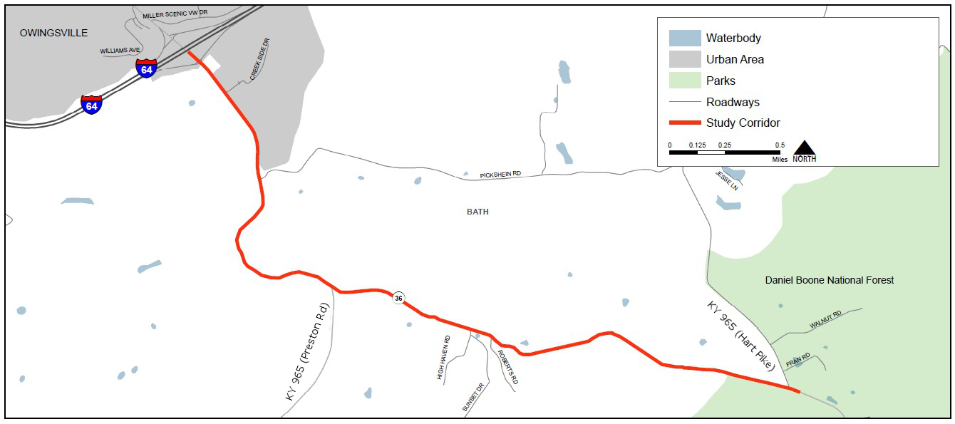 Map of KY 36 Study Area in Bath County from I-64 to Hart Pike