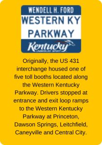 Originally, the US 431 interchange housed one of five toll booths located along the Western Kentucky Parkway. Drivers stopped at entrance and exit loop ramps to the Western Kentucky Parkway at Pri.jpg