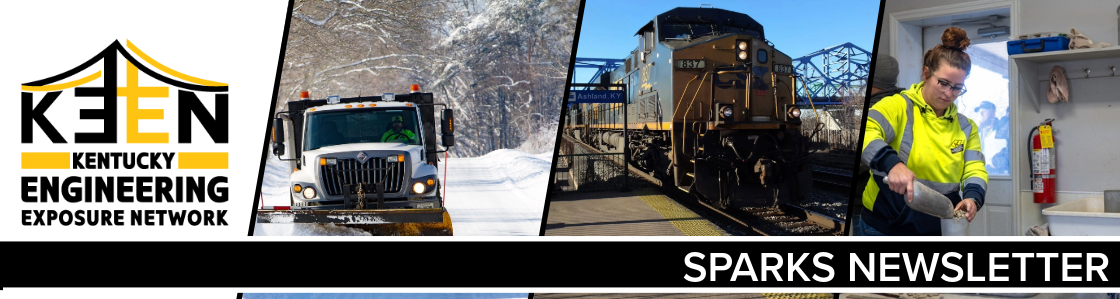 SPARKS Newsletter title graphic with KEEN logo, snowplow, train, KYTC worker