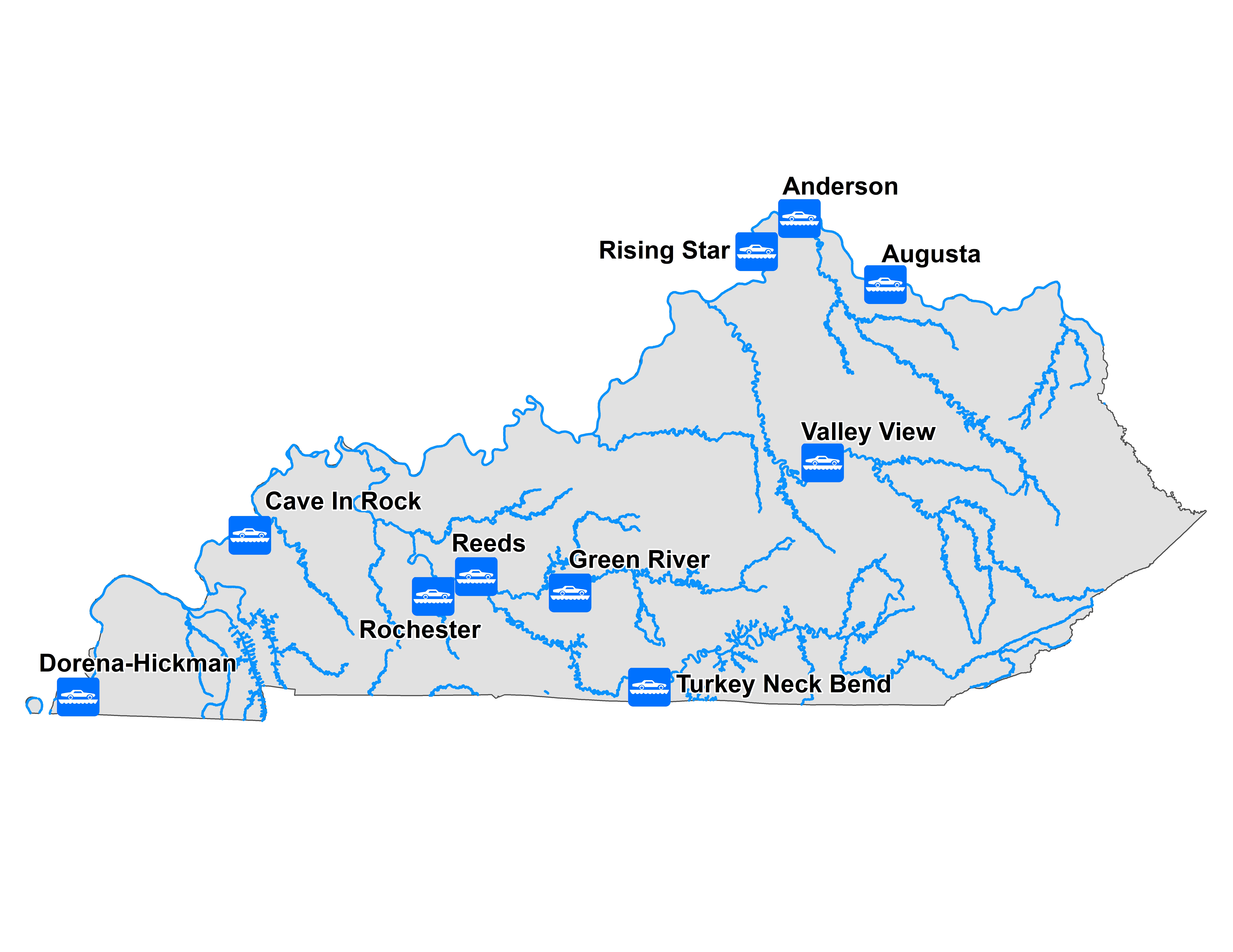 Map of Kentucky showing ferryboat locations