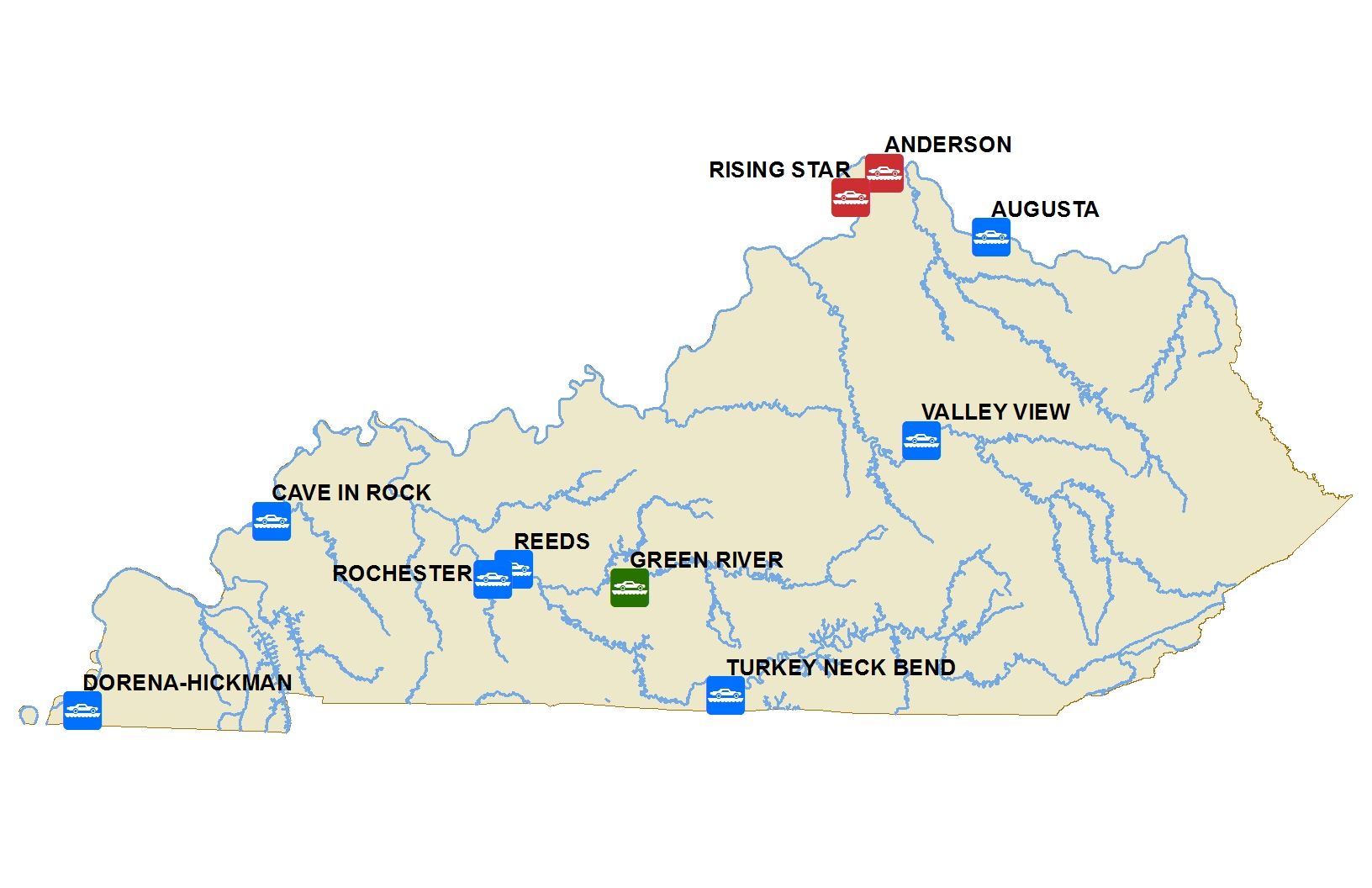 Map of Kentucky showing ferryboat locations