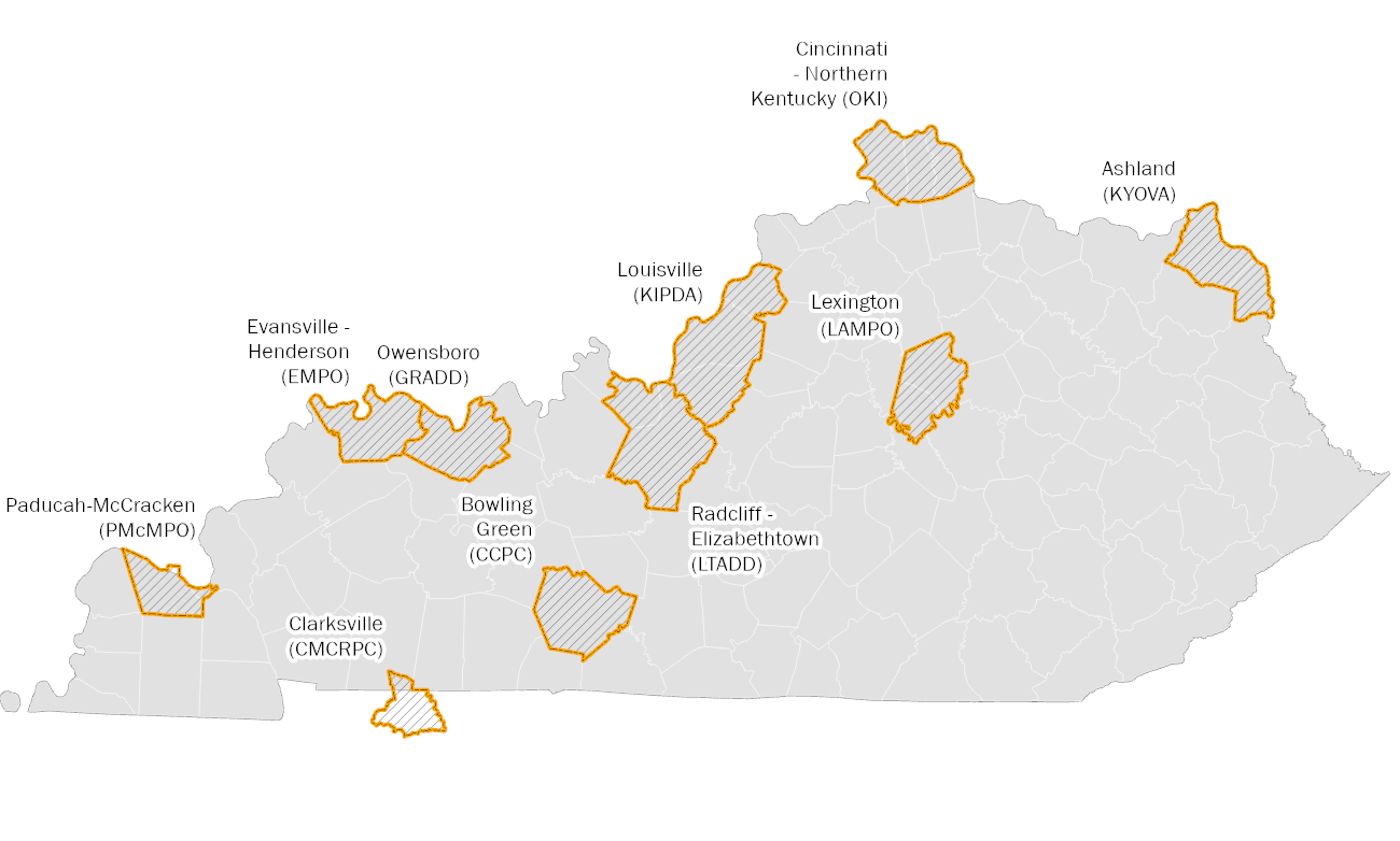 Map of Kentucky showing the MPO locations and boundaries