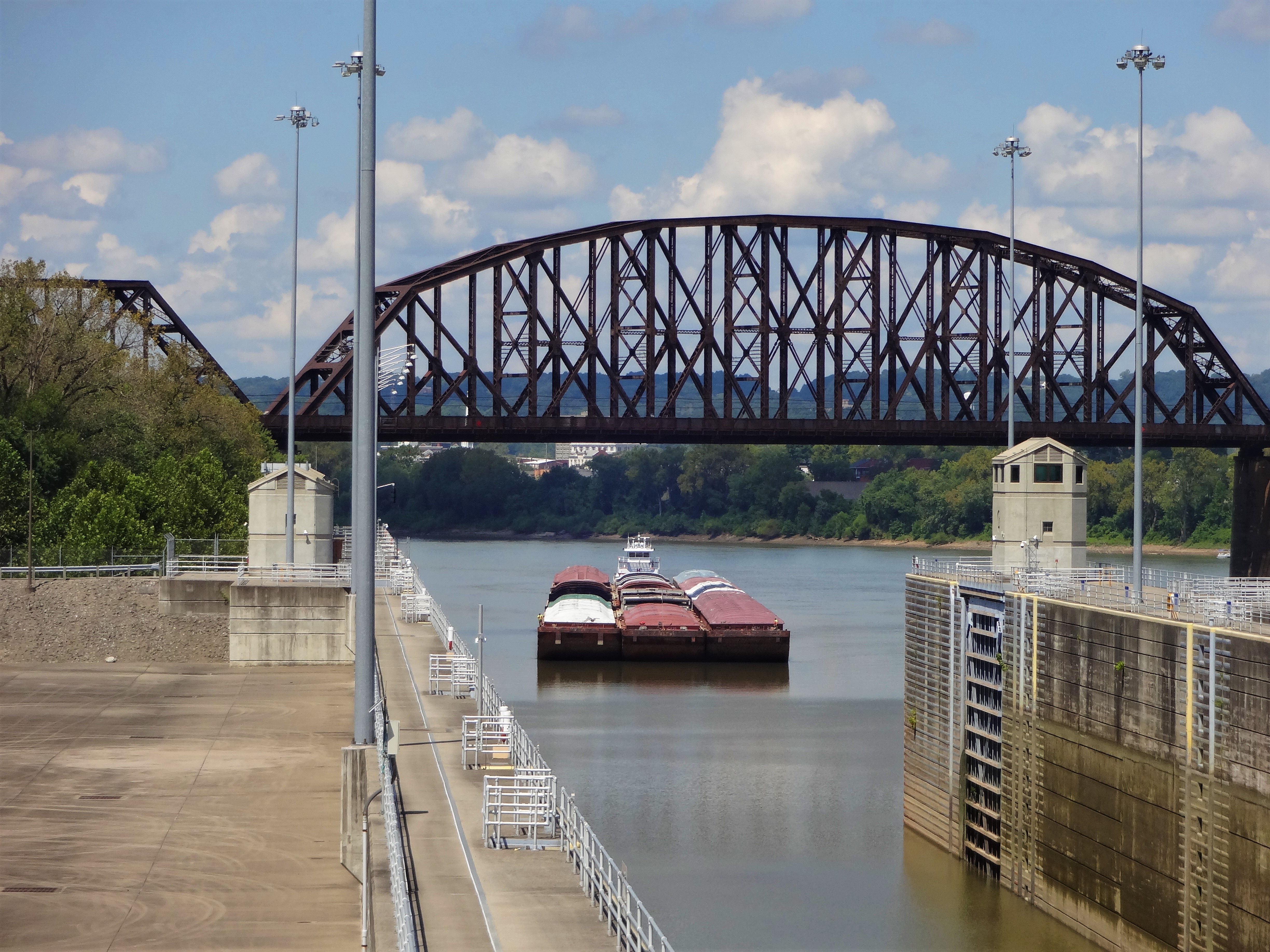 Barge on Ohio River at McAlpine lock and dam near Louisville Kentucky