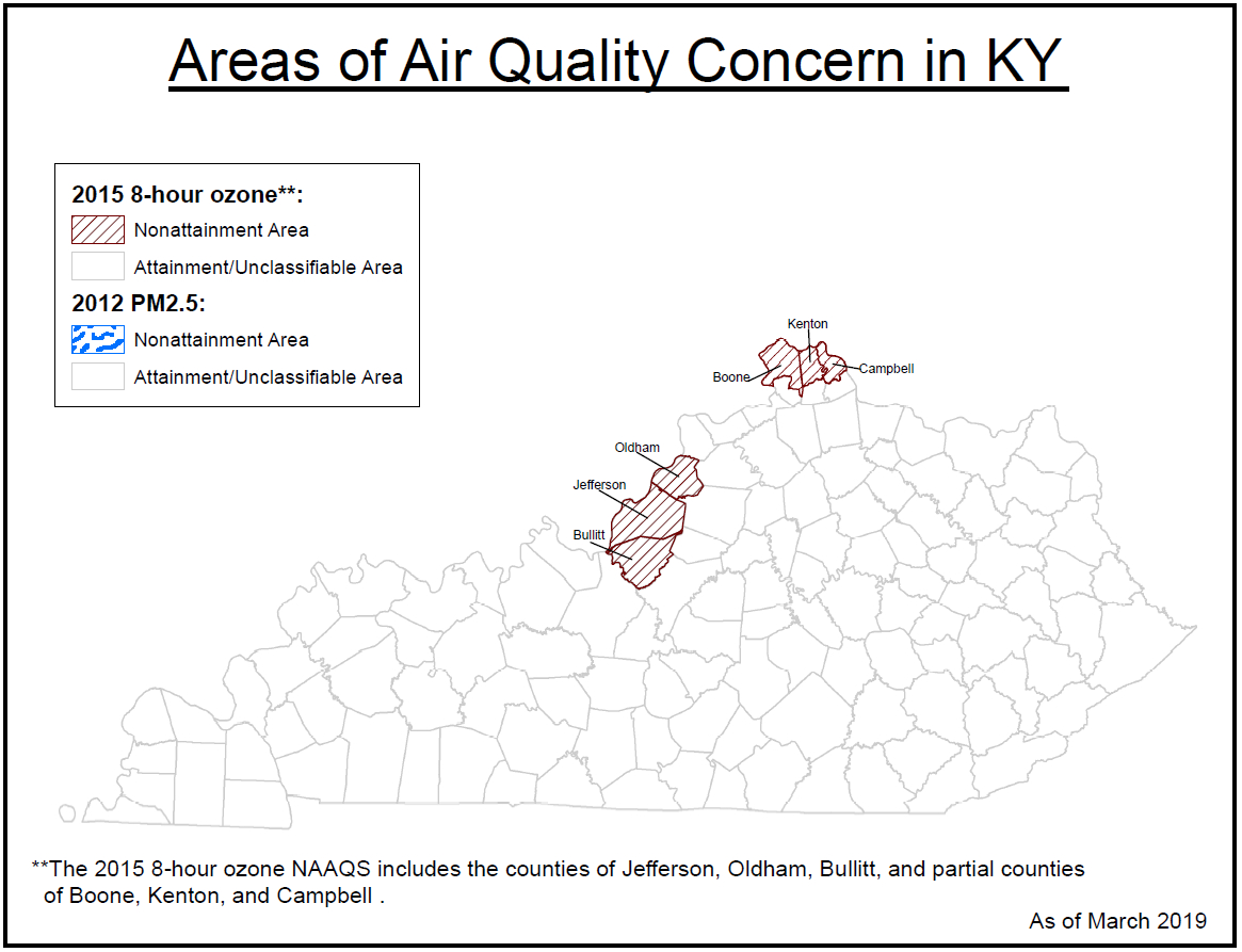 Statewide map of Kentucky showing areas of air quality concerns