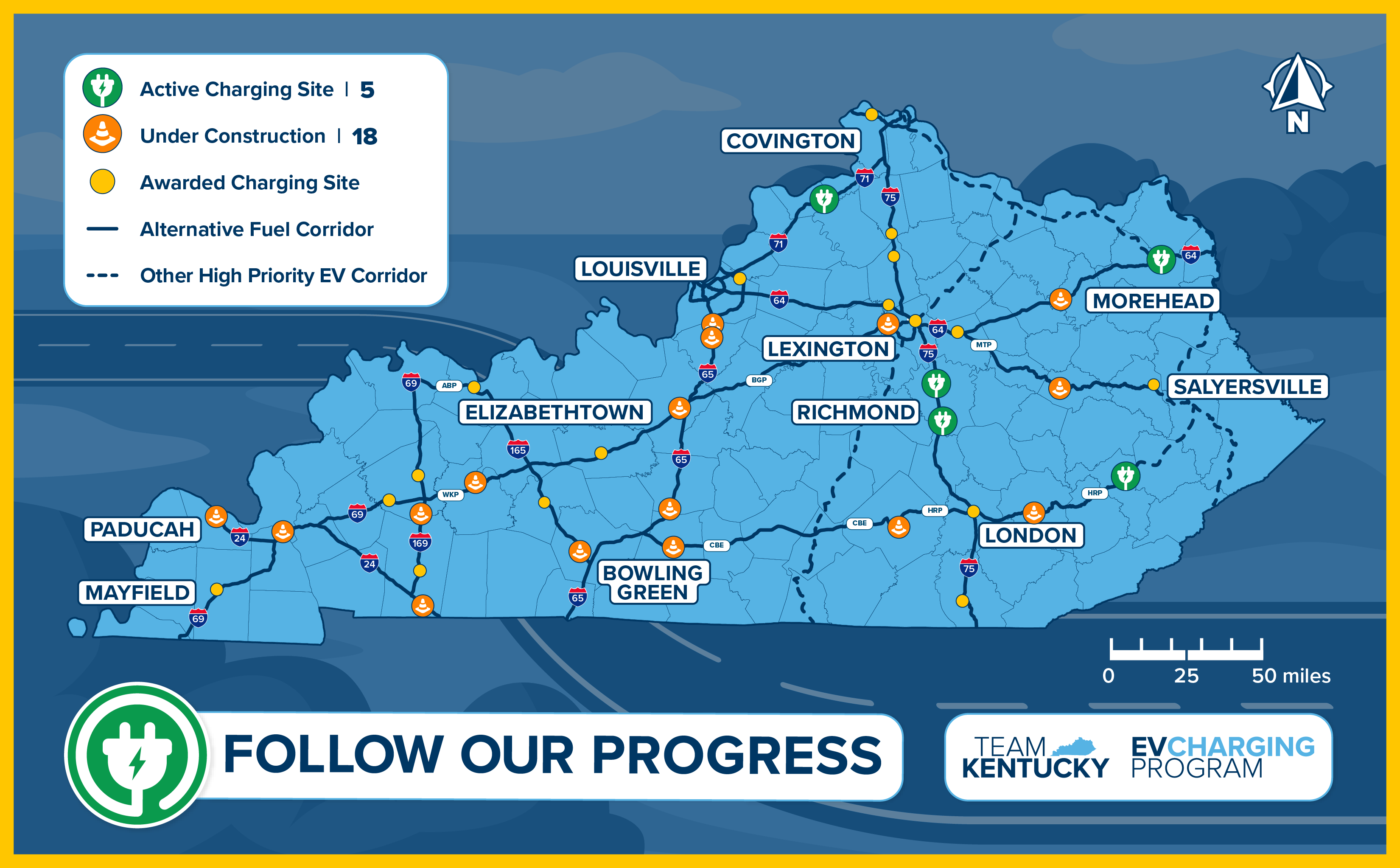 Map of Kentucky showing planned EV charging stations