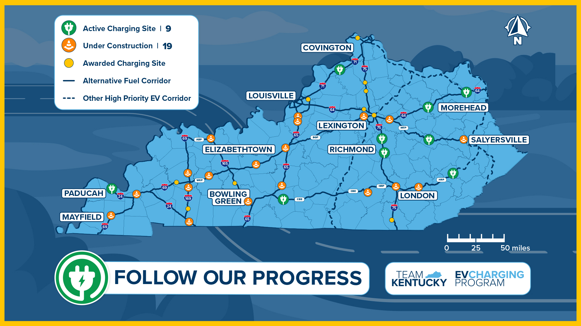 Map of Kentucky showing planned EV charging stations