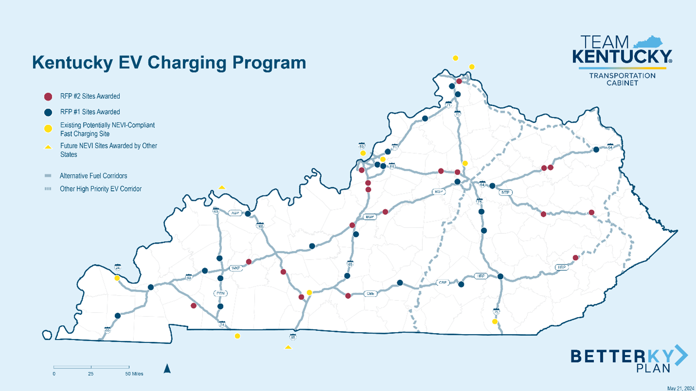 Map of Kentucky showing planned EV charging stations