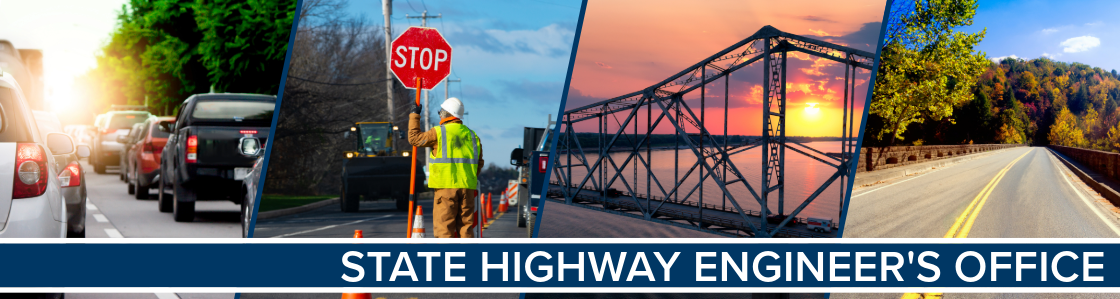 State Highway Engineer's Office Header Title with bridge, traffic, road worker and road images