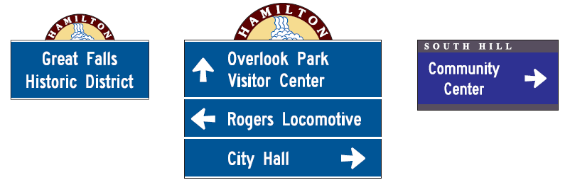 3 community wayfinding guide signs to great falls various places in hamilton and left sign to community center