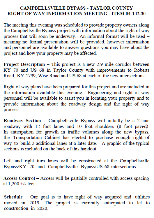 Campbellsville Bypass Section 2 Right Of Way Meeting Overview